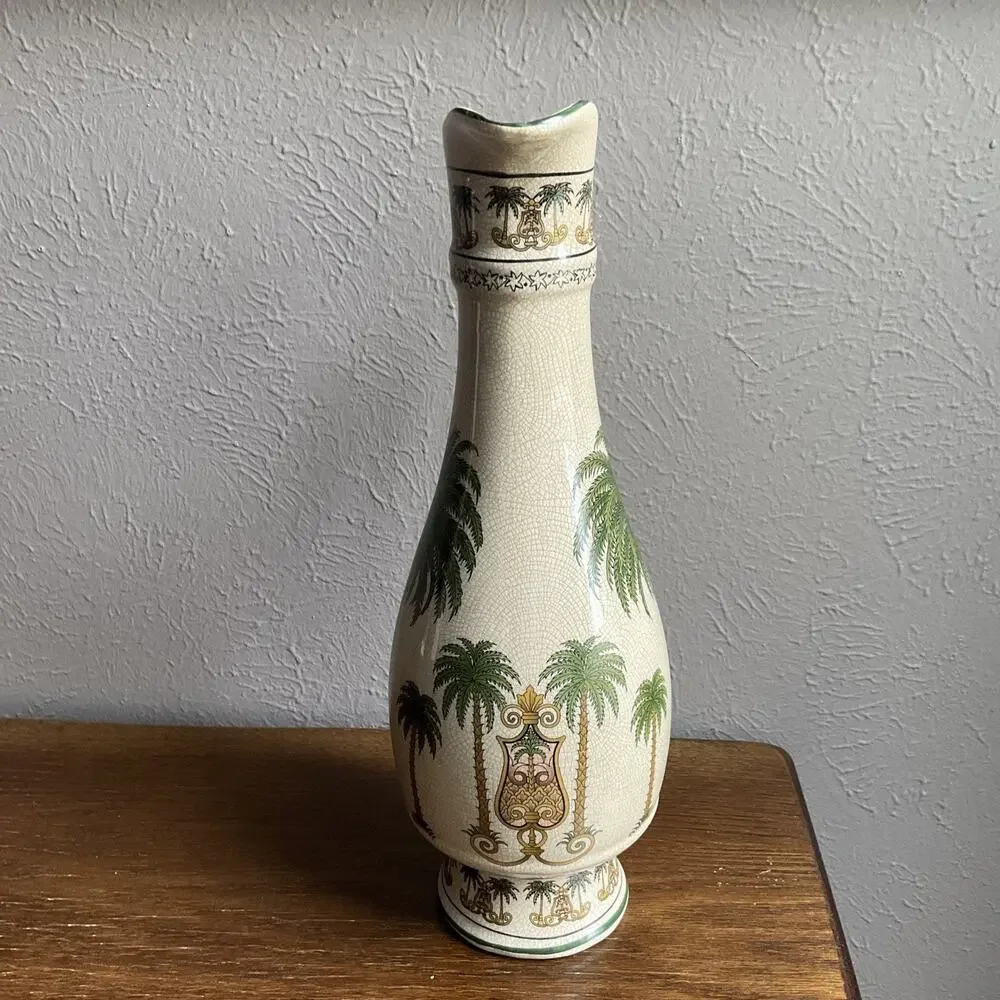 Vintage 2001 Ceramic crackle glaze Vase with Palm Trees 14- 1/2